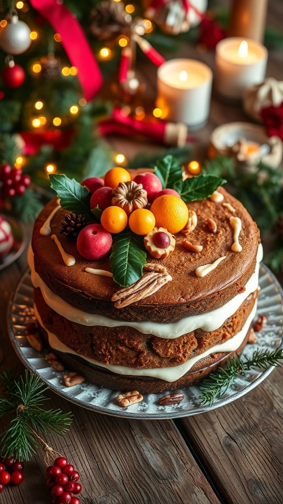A traditional Christmas fruit cake decorated with icing and festive fruits, on a wooden table with holiday decorations.